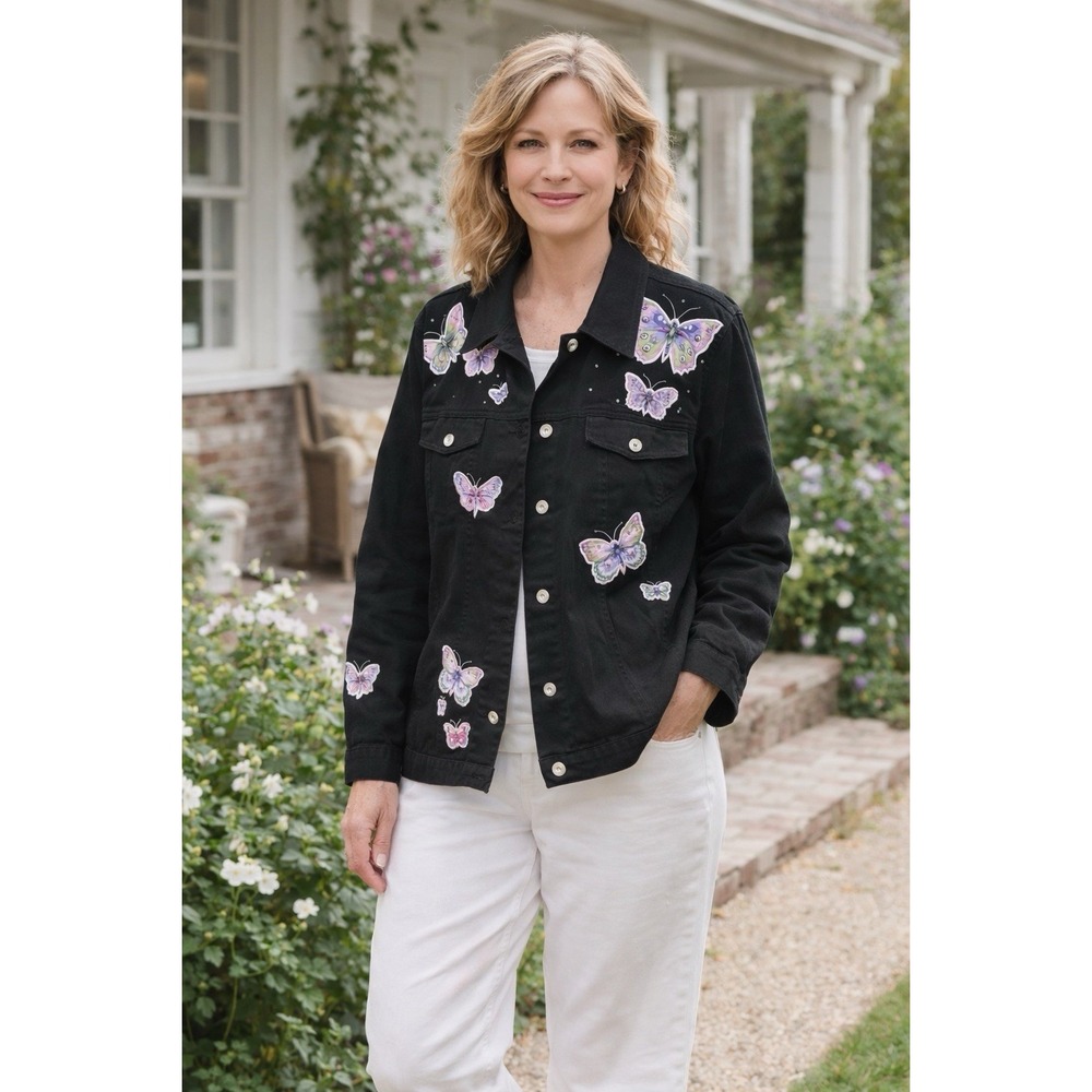 Quacker Factory Black Denim Jacket Rhinestone Butterfly Embellished‎ Size 2X